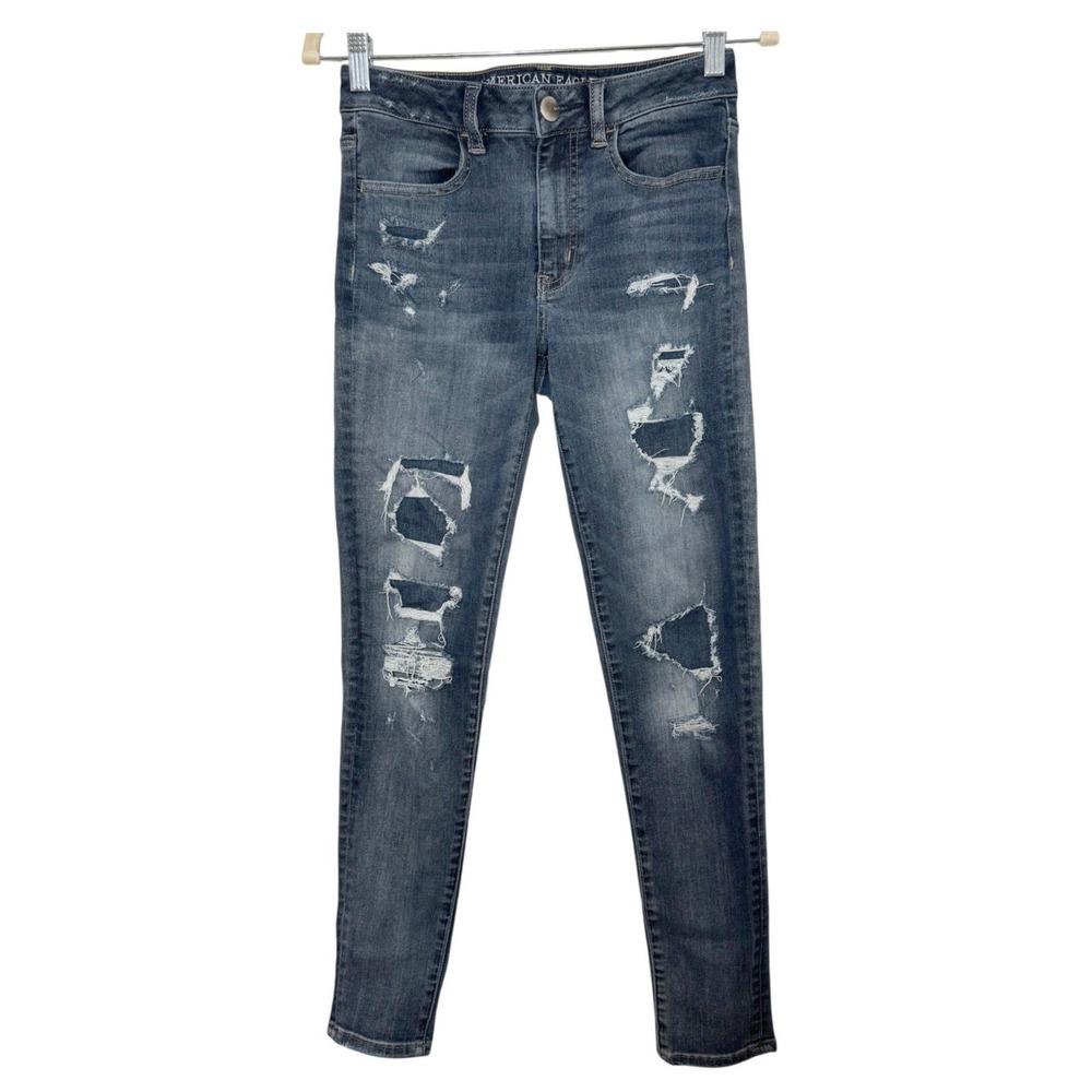 American Eagle Hi-Rise Jegging Blue Distressed Shredded Womens 4 Regular Denim